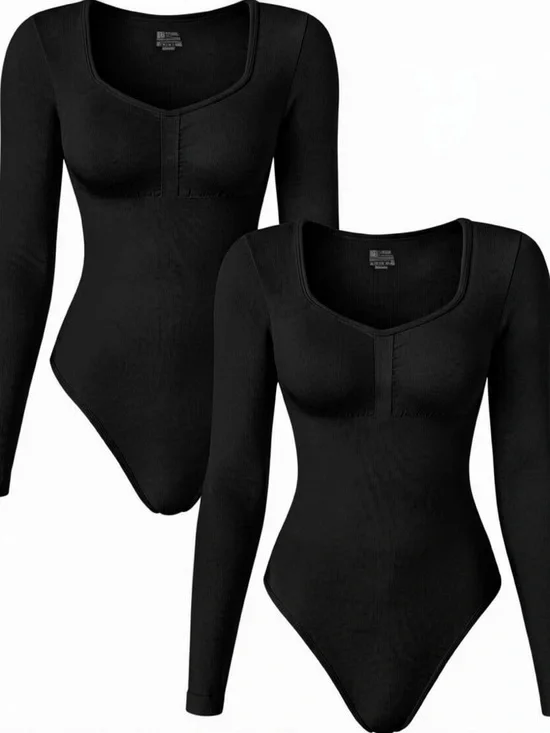 TOB 2 Piece Bodysuits Seamless Ribbed Long Sleeve Tummy Control Bodysuits medium - Picture 2 of 4